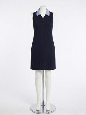 Tommy Hilfiger Navy Sleeveless Polo Zip Dress with Light Blue Collar Size XL